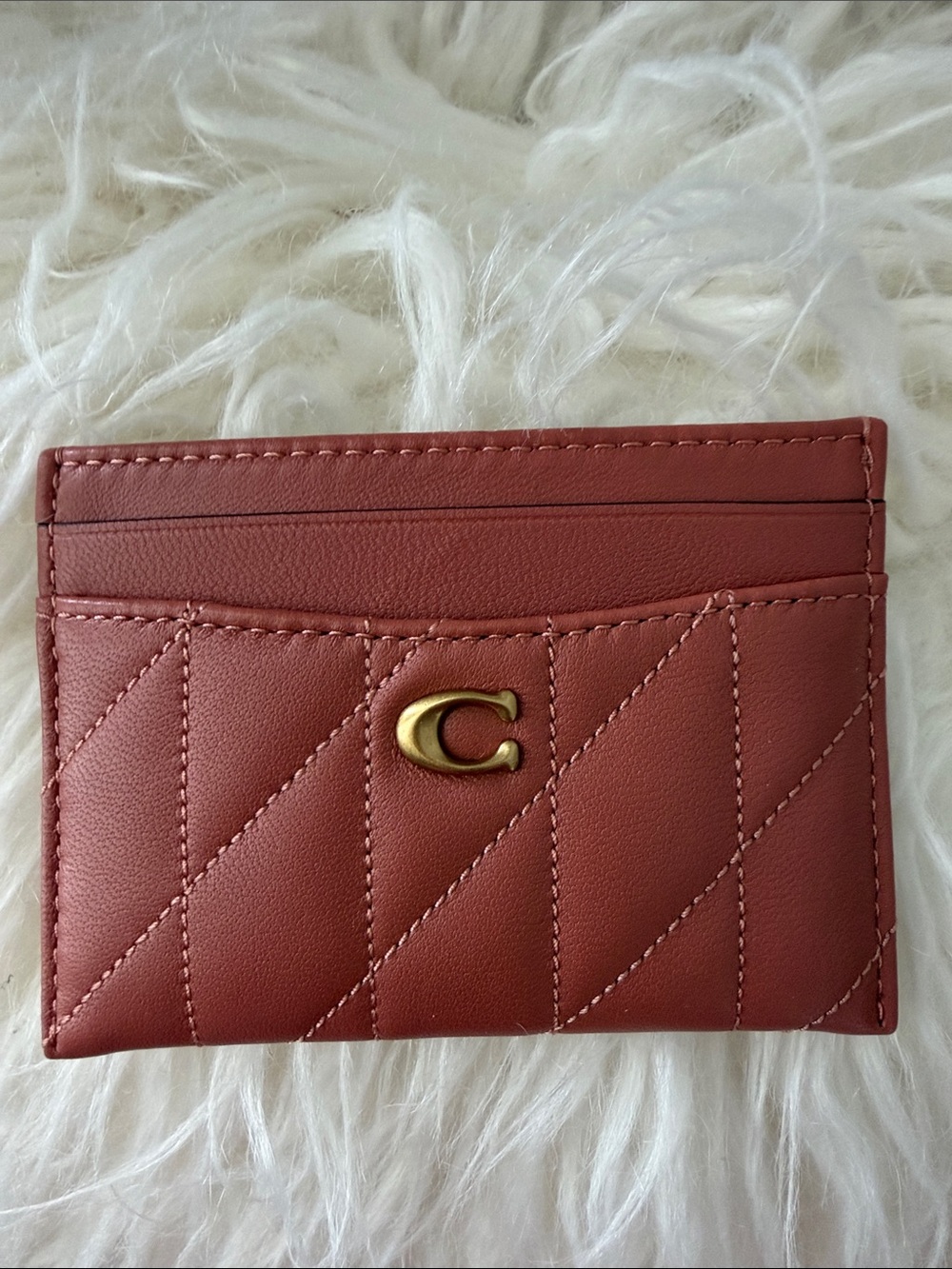 Coach Quilted Card Case in Brick Red with Gold C Hardware